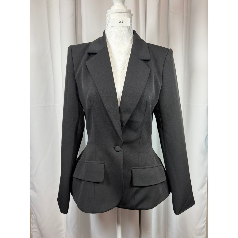Akira Womens Black Peplum Blazer Structured One Button Mesh Lined Jacket